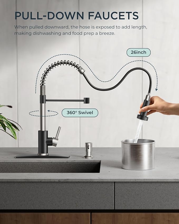 FORIOUS Kitchen Faucets, Pull Down Sprayer, Classic High Arc, Single Handle - Image 2