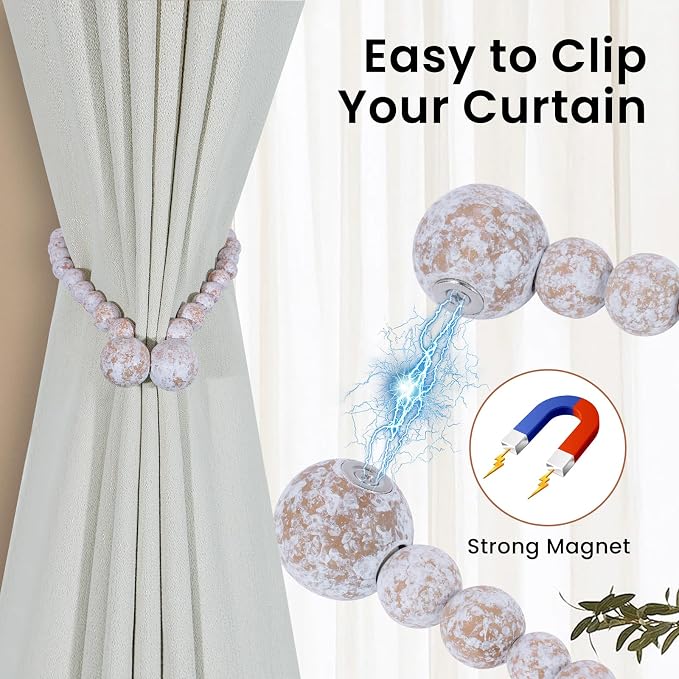 KLOGTSIND Magnetic Curtain Tiebacks, 2 Pack Wood Bead Curtain Holdbacks - Image 2