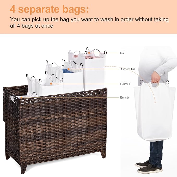 Laundry Hamper with 4 Removable Liner Bags, 176L Laundry Sorter with Lid - Image 3