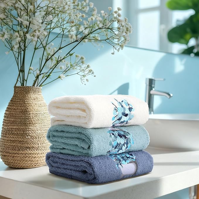3 Pcs Blue Eucalyptus Leaves Hand Towels Botanical Bathroom Decor | Embroidered - Image 5