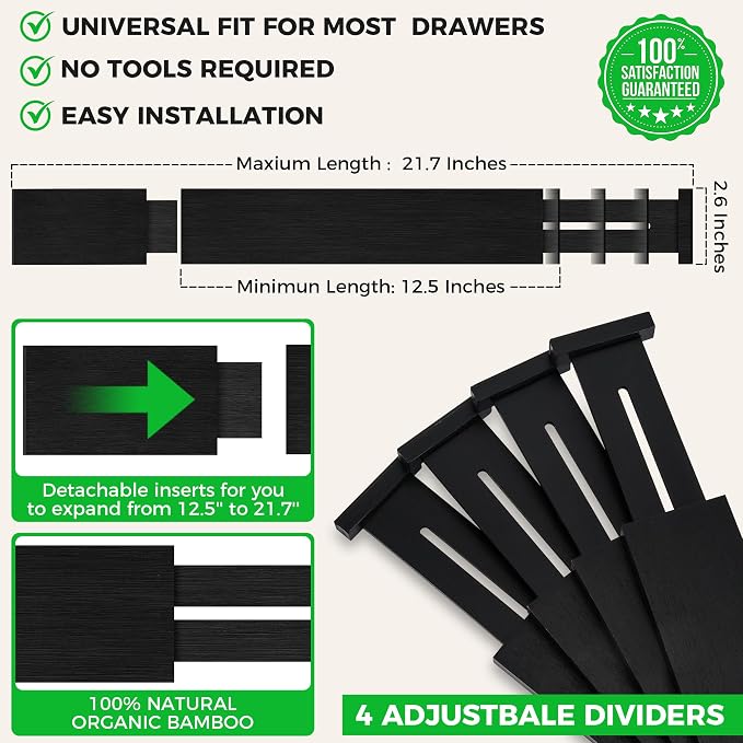 4 Pack Bamboo Drawer Dividers Organizer - Image 3