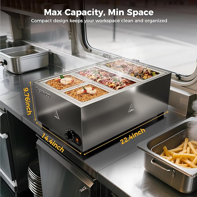 1200W Electric Steam Table Food Warmer, Bain Marie 86-185°F Adjustable Temp, Countertop Stainless Steel Buffet Steam, Commercial Food Steamer for Catering Restaurant