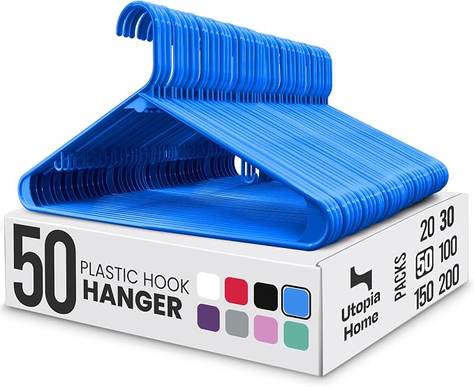 Utopia Home Plastic Hangers 50 Pack – Built-in Strap Hooks Blue | Space saving by UTOPIAHOME