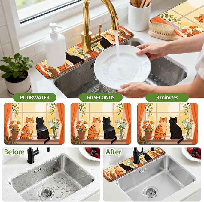 3 Pcs 2 Size Kitchen Sink Splash Guard Faucet Mat Cute Cat Pattern Faucet Mat - Image 4