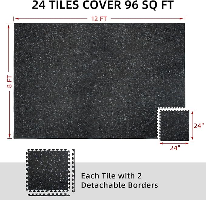 0.56in Thick 96 Sq Ft Exercise Equipment Mats, 24 Tiles Rubber Top EVA Foam Workout Mats, Interlocking Gym Flooring for Home Gym, 24 x 24in, Black & Blue