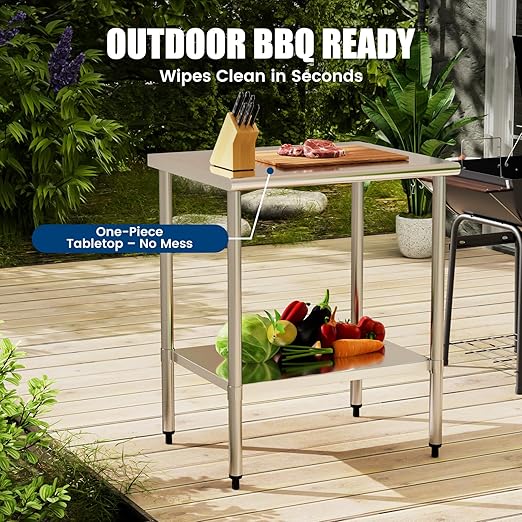 Stainless Steel Work Table 24 x 30 Inch with Adjustable Undershelf, Heavy-Duty Metal Prep Table for Commercial Kitchen & Restaurant, Garage, Outdoor