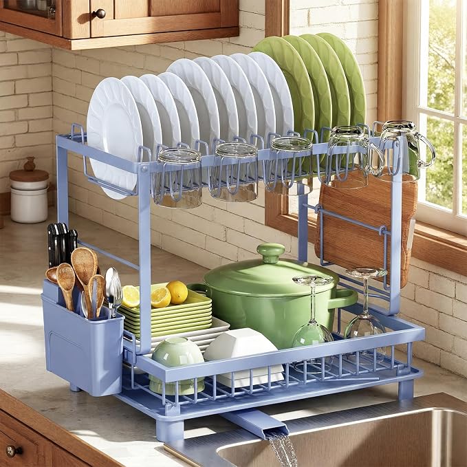 2-Tier Dish Drying Rack for Kitchen Counter, Space-Saving, Auto Drain Spout by Nfnoyp