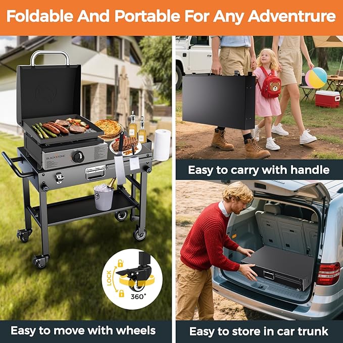 Portable Stand for Blackstone 17 & 22 Inch Griddle - Sturdy Outdoor Grill Table for Ooni Pizza Oven, Ninja Woodfire Grills, Foldable Grill Cart w/Wheels, Gas Tank Mount & Storage Shelf