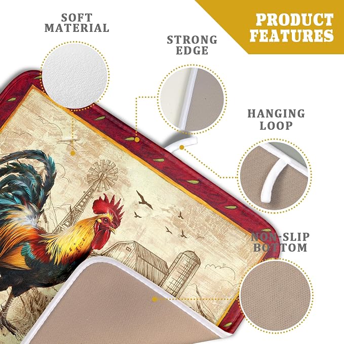 Farm Rooster Dish Drying Mat for Countertop 16x18 Inches Red Rustic Chicken - Image 4