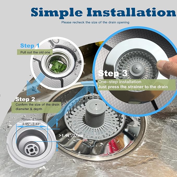 Kitchen Sink Drain Strainer 3 in 1, 304 Stainless Steel Pop Up Sink Stopper, Anti-Clogging Drain Stopper, Strainers for Kitchen, Drain Cover and Kitchen Accessories for US Standard Sink (Chrome)