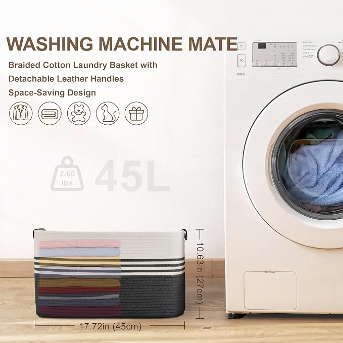 45L Small Woven Laundry Basket Hamper - Image 7