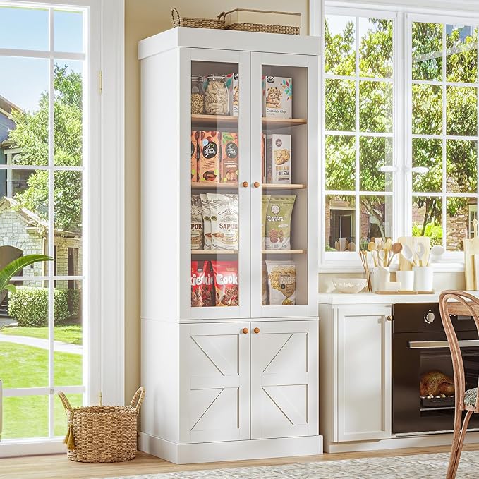 Vyre 71" Tall Farmhouse Kitchen Pantry, Large Storage Cabinets with Glass Doors, Freestanding Wood Hutch Cabinet with 3 Drawers, Adjustable Shelves for Living Room, Dining Room, Set of 3