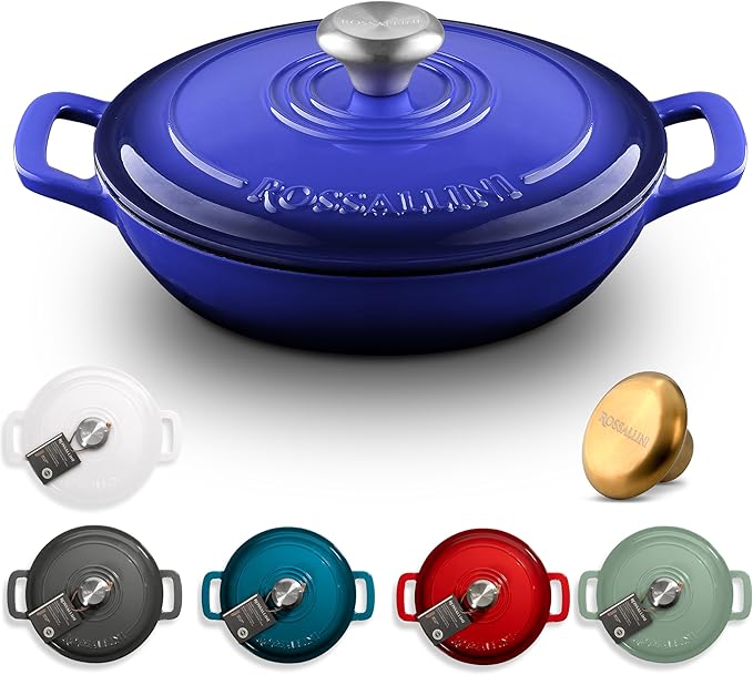 Signature Enameled Cast Iron Braiser, Non-Stick Serving Pot with Tight Fitting Lid for Perfect Roasting, Baking, Sauteing, Searing, and Pan Frying | 5Q (4.7L) - Indigo Blue