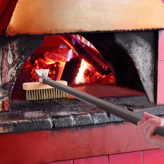 Pizza Turning Peel 9 Inch Perforated Pizza Peel and Pizza Brush Ash Rake 4 Piece Wood Fired Commercial Pizza Oven Utensil Kit with 40-Inch Aluminum Handle