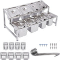 Pizza Topping Station Organizer Condiment Container Dispenser with 8 Pans & Lids, Stainless Steel Ingredients Food Container Countertop Spice Rack Shelf Holder for Seasoning Sauce Salad Jam Fruits