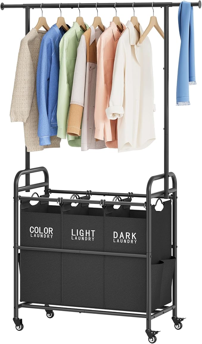 Tajsoon Laundry Sorter with Hanging Bar, 3 Section Laundry Hamper by Tajsoon