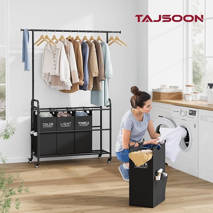 Tajsoon Laundry Sorter with Hanging Bar, 4 Section Laundry Hamper - Image 2