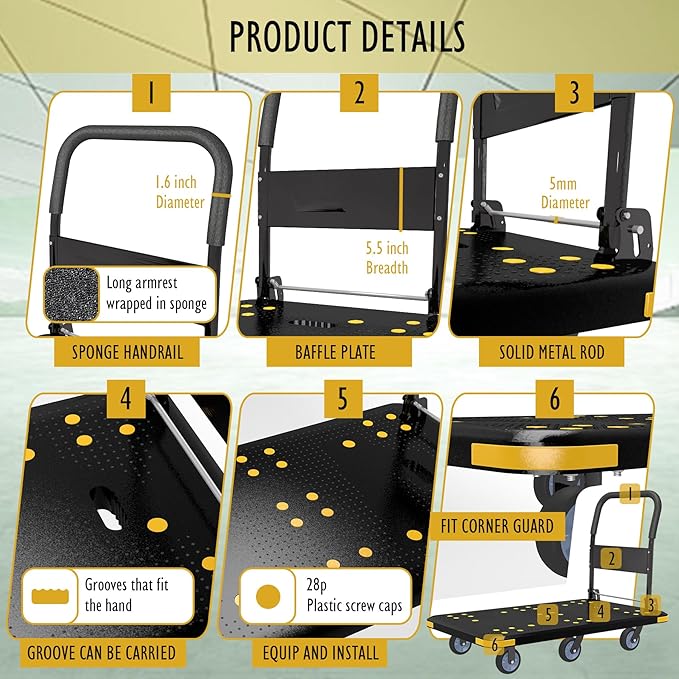 Heavy-Duty Foldable Platform Cart with 6 Wheels & 2000LB Capacity - 360° Swivel & Fixed Casters, Collapsible Push Cart Dolly Black Plastic Trolley, 5" Wheels, Spare Tire & Anti-Collision Corners