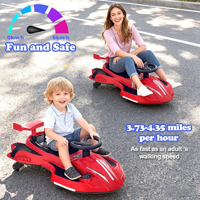 12V Electric Wiggle Car Ride On Toy, Swing Car with Pedal, for Kids from Ages 3 and Up, Birthday Gifts for Boys and Girls, Anti-Rollover, Flashing Wheels, Bluetooth(Black+Red)