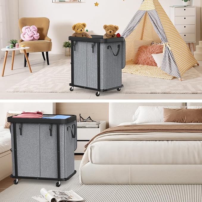 Laundry Basket with Wheels, 190L Laundry Hamper 2 Setion - Image 7