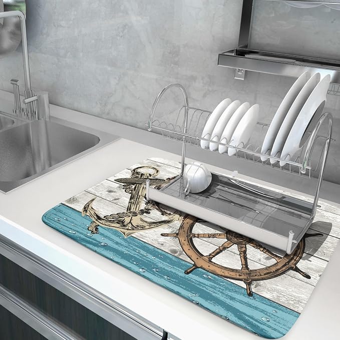 Nautical Anchor Dish Drying Mat 18x24 inch Coastal Boat Fast Dry Microfiber - Image 5