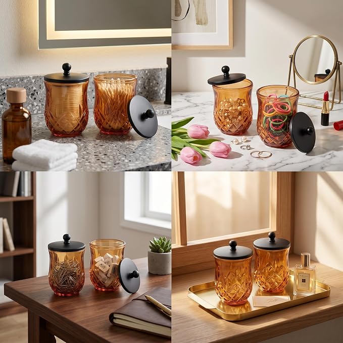2 Pack 10Oz Amber Q-Tip Holder, Round Thick Glass - Image 8