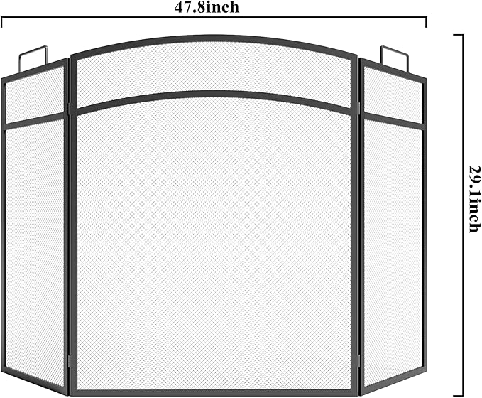 3 Panel Fireplace Screen 48" W x 29" H Modern Foldable with Wrought Metal Decorative Mesh,Arch Heavy Duty Fire Spark Guard Cover for Home Decor Indoor, Black