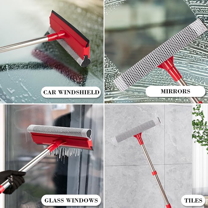 Window Squeegee with 15.7"-27.5" Retractable Stainless Steel Handle, 2-in-1 - Image 3