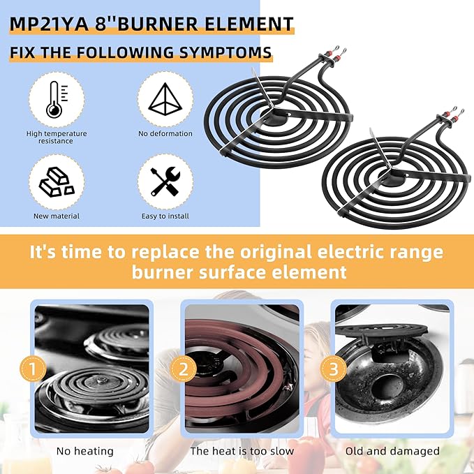 2 Pack MP21YA Electric Range Burner Element Unit 8" Replacement Fit for Hard-wick & Ken-more & May-tag & Nor-ge & Whirl-pool Electric Range Stove - Fit MP22YA Stove Burner by AMI PARTS