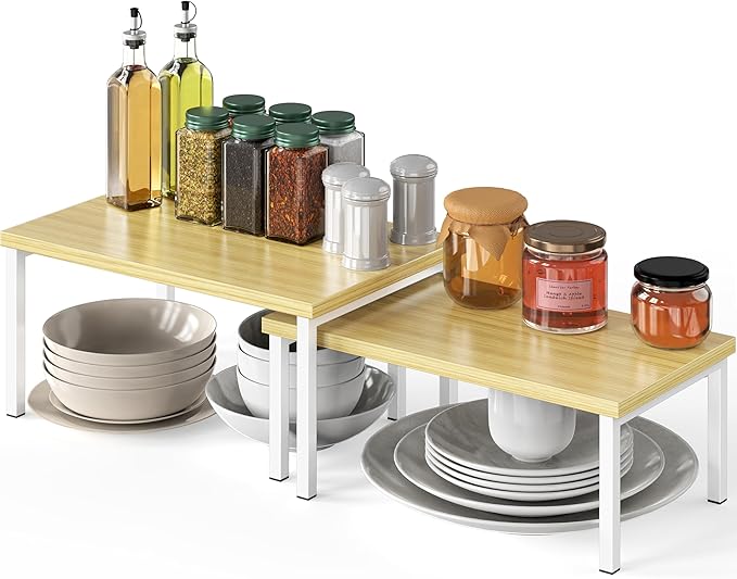 Simple Houseware Expandable Stackable Cabinet and Counter Shelf Organizer with Wooden Surface, 7.6'' D x 11.75'' W x 6.1'' H, Oak