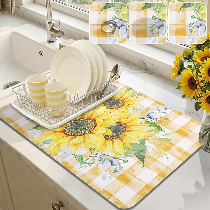 LOKHOM 12"x20" Dish Drying Mat，Sunflower Coffee Mat | Vintage Floral Prints by LOKHOM
