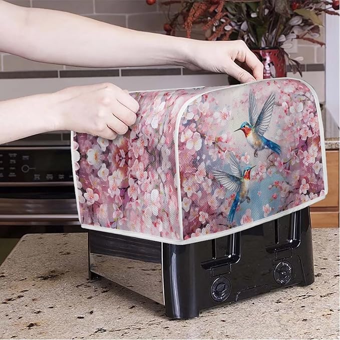 UNICEU Pink Sakura Hummingbird 4 Slice Quilted Toaster Cover, Dust-proof, Waterproof, Polyester, Small Appliance Cover