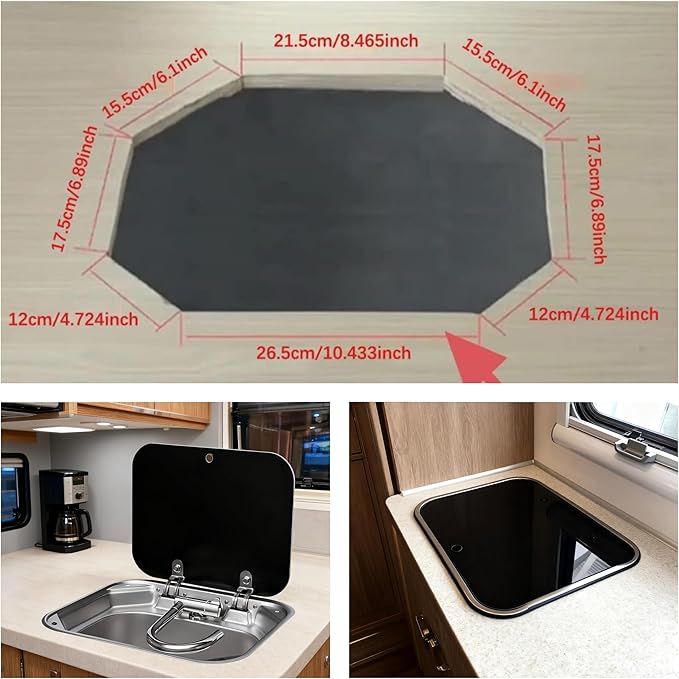 Folding RV Sink & Faucet Combo W/Lid, Bar Kitchen Sink 15 x 17 In Undermount Drop-in Sinks 304 Stainless Steel Single Bowl Workstation Sink Caravan Camper Van Boat Trailer Sink Hand Wash Basin