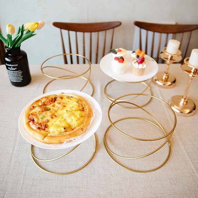 HPC DECOR Set of 4 Gold Yellow Metal Wire Pizza Pan Riser Stands- Round Pizza Tray Riser Rack - Tabletop Display Racks for Food Platter Tray- Metal Display Stands for Home, Restaurant and Party