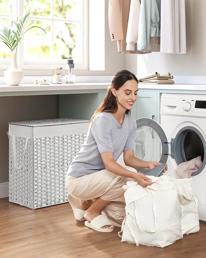 SONGMICS Laundry Hamper with Lid, 110L Double Wicker Basket, 6 Mesh Bags - Image 2