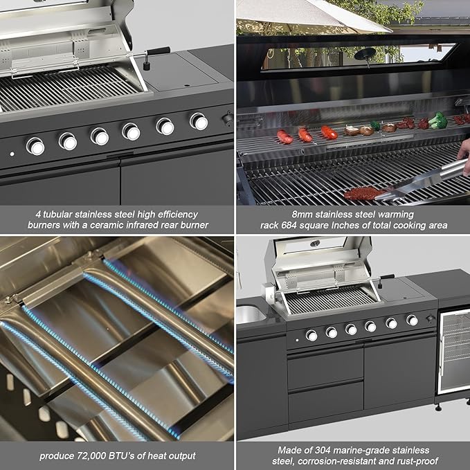 Outdoor Kitchen Island, 84.6 Inch 72000 BTU Gas Grill Combination With Refrigerator and Sink, Outdoor Stainless Steel Barbecue Bar, Natural Gas Barbecue Grill for Patios, Gardens, Parties
