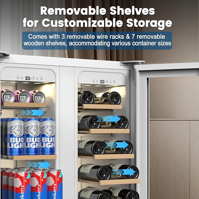 24 Inch Dual Zone Wine and Beverage Refrigerator - Under Counter Built-in/Free Standing Beverage Cooler with Glass Door,Beverage Fridge with Large Capacity, Advanced Cooling System, White