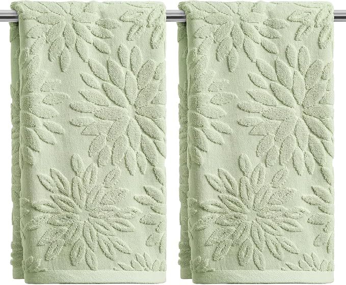 Artoid Mode 2 Pcs Light Green 3D Dahlia Floral Jacquard Hand Towels by ArtoidMode