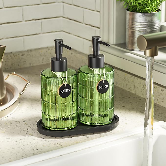 Green Glass Soap and Lotion Dispenser Set - Image 5