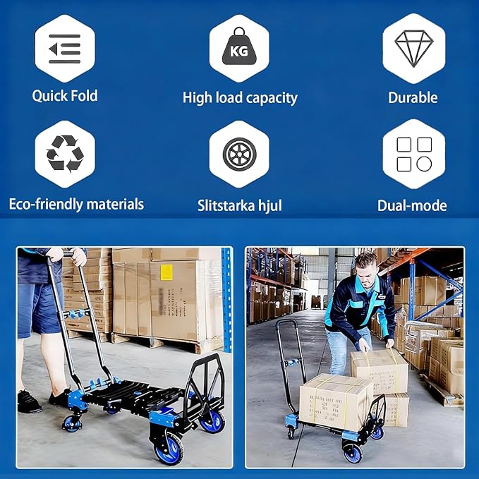 Folding Hand Truck Dolly Capacity Collapsible Heavy Duty Utility Cart with Adjustable Handle Convertible Trolley for Luggage Moving Camping Home Office (Blue, 65cm*46cm*92cm)