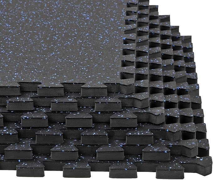 Xspec 1/2" Thick 48 sq ft (12 Tiles) Interlocking Rubber Top EVA Foam Exercise Mat | Home Gym Mats Workout Flooring Tiles for Gyms, Fitness Rooms | Durable Grip Protective Flooring, Black/Blue