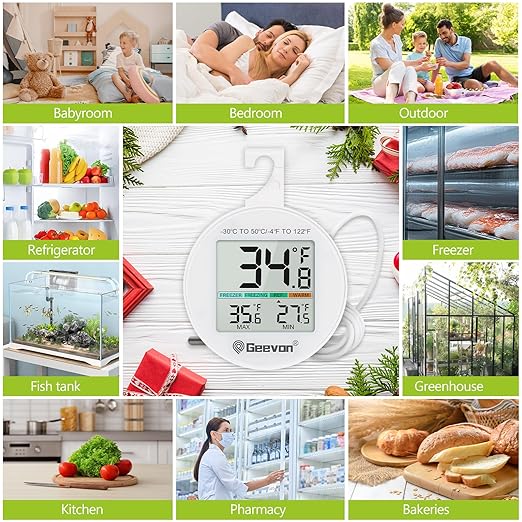 Geevon Refrigerator Thermometer 2 Pack IP65 Waterproof, with External Sensor, Fridge Temperature Monitor for Home Commercial, with LCD Screen, Stand and Magnetic Back, for Refrigerator, Freezer scenes