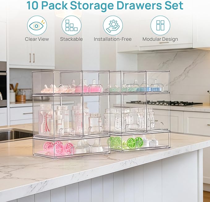 Vtopmart Clear Stackable Storage Drawers Set of 10, Baby Bottle Organizer | - Image 3