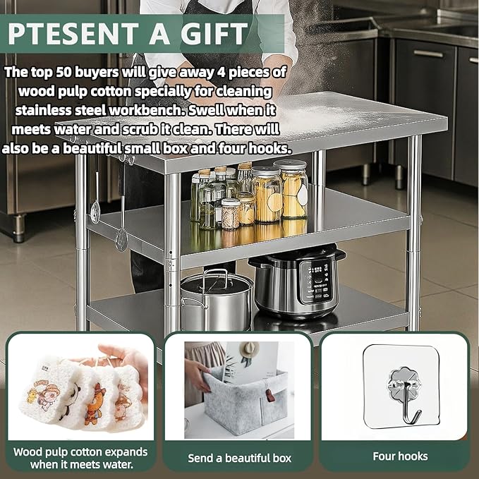 Stainless Steel Table with Wheels for Food Preparation and Work, Multi-Size Optional, Three-Layer Variable Two-Layer Metal Commercial Workbench Outdoor, Restaurant, Kitchen (48" Lx32 Wx34 H)