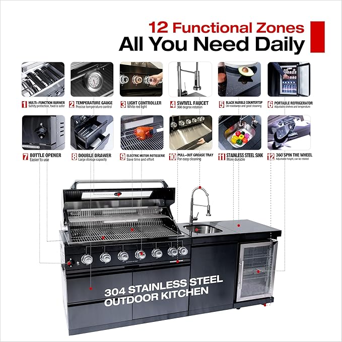 82 Inches 6-Burner 85,000 BTU Deluxe Stainless Steel Propane Gas Grill Outdoor Kitchen Island,Sink,Beverage Refrigerator Storage & Rotisserie Kit for Patio Backyard,Black
