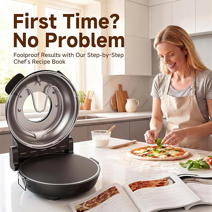 SEMSCHEF 12-Inch CrustyBake Beginner's Glazed Stone Pizza Oven: Quick 800°F Heating, Easy-Clean Design, Recipe Book & All Tools Included - Perfect for First-Time Pizza Makers at Home