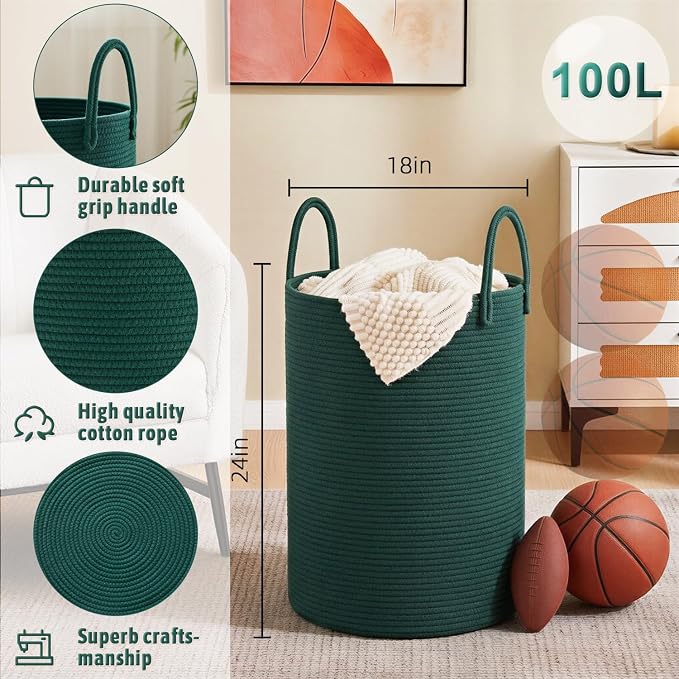 Artfeel Laundry Basket, Woven Cotton Rope Laundry Hamper, 100L - Image 6