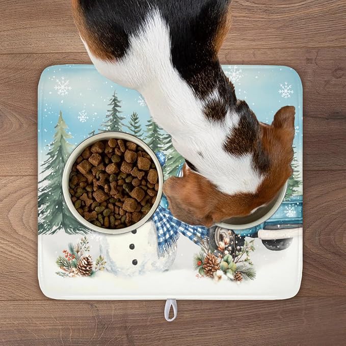 Giwawa Winter Snowman Blue Dish Drying Mat Xmas Truck Dishes Pad 16"x18" - Image 9