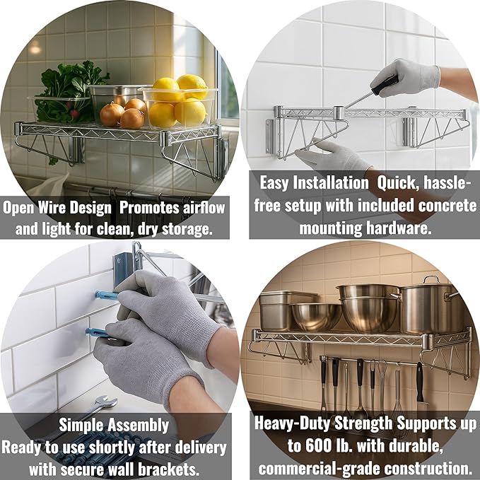 18" x 36" Chrome Wall-Mounted Wire Shelf Kit with Clip-in Ingredient Storage Bins, Heavy-Duty Steel Rack, Supports up to 600 lb, Flip-Top Lids, Open-Wire Design for Kitchen/Prep/Storage