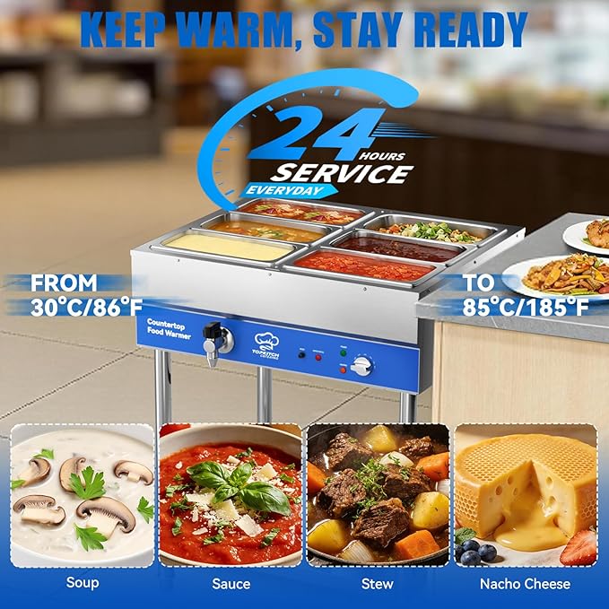 6-Pan Commercial Food Warmer, Electric Steam Table, 120V 1700W Stainless Steel Buffet Catering Food Warmer with Undershelf and Workspace, for Restaurant.